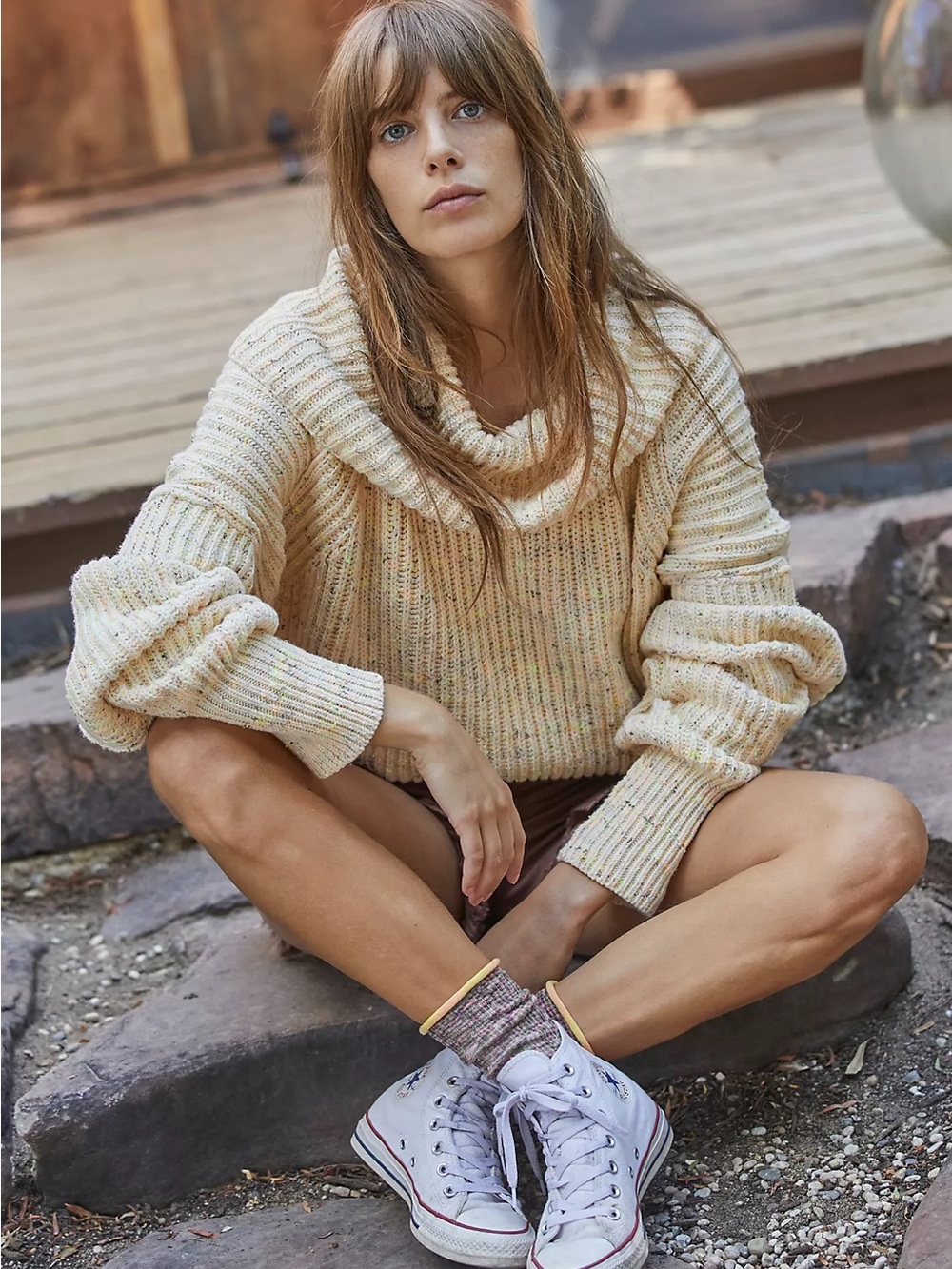 Free People Leo Tunic Sweater Speckled Knit Oversized Cowl Neck Medium M